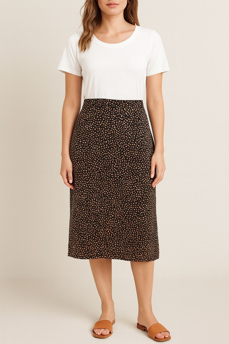 J.CREW Black Gold Polka Dot Midi Skirt Pull-On Lined Side Slit Workwear Medium